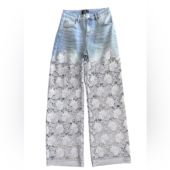 Women's Blue Lace Luvly Wide-Leg Lace Floral Jeans Size Medium Waist 32 - Picture 5 of 7